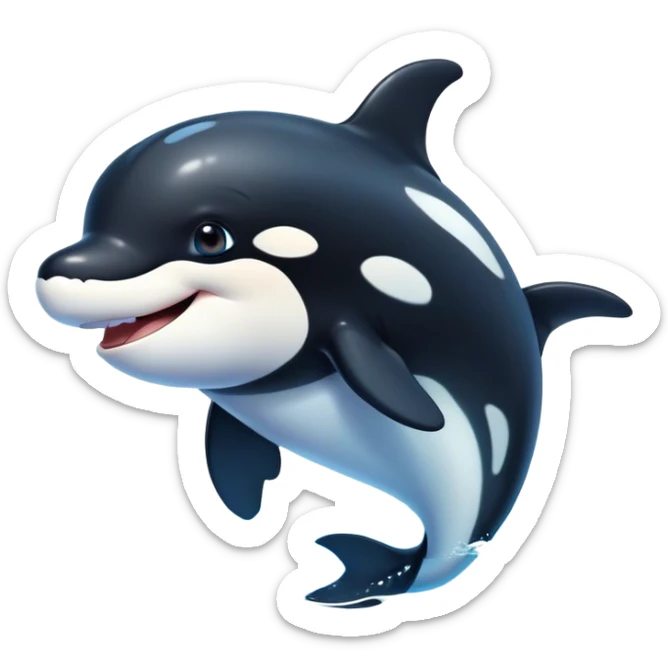Cinematic Cute orca Portrait Emoji, Head tilted playfully and inquisitively, featuring a smoothly rounded body with bright, sparkling eyes and an adorable, friendly smile, Simplified yet irresistibly adorable features, highly detailed, glowing with a warm, ocean-blue glow, high shine, affectionate and lively, stylized with a touch of whimsical aquatic charm, soft glowing outline, capturing the essence of a mischievous yet endearing orca that seems as if it could leap right into your heart! sticker