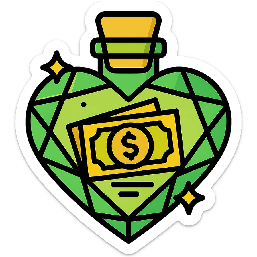 Change the heart-shaped bottle color to a luxurious, rich #c0ff53 green. Add more luxury and golden details while maintaining the diamond effect. Include a money motif inside the bottle. Remove the background. sticker