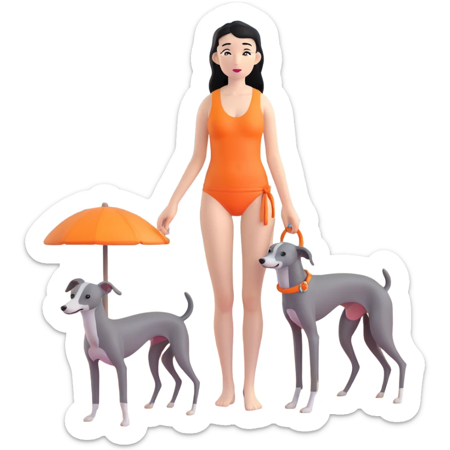 Slim Chinese woman with long black hair in appropriate beach attire at the beach with her completely solid grey Italian greyhound, ocean and sand visible, the dog has absolutely no white markings anywhere sticker
