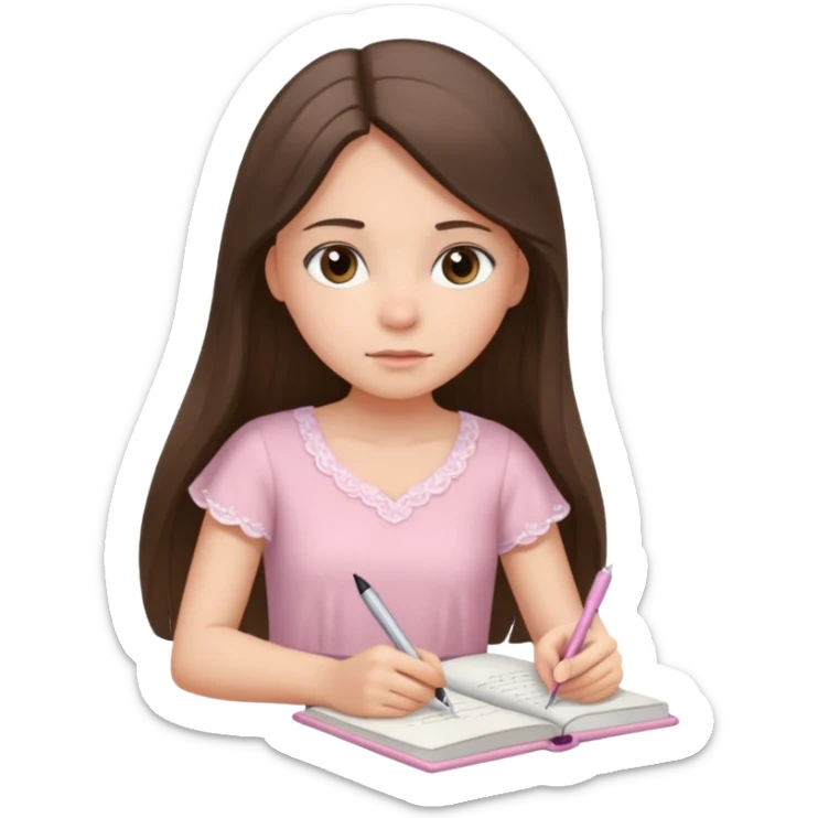 white brunette teen long hair with hazel eyes in a light pink dress writing in a notebook sticker