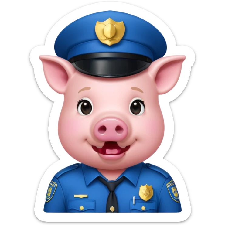 a pig, upright, in a police officer uniform, drooling and looking to the bottom left sticker