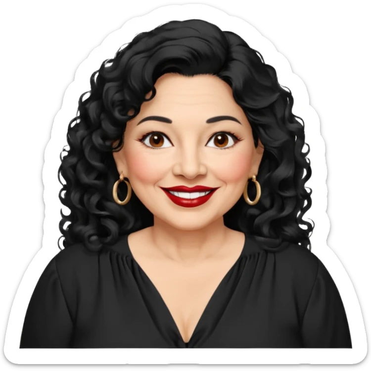 60 yr old Mexican woman, slightly chubby, wavy/curly long black hair, red lipstick, big smile, white teeth, brown eyes, hoop earings, side part to hair, round face, nice blouse, no wrinkle hair side swept, big hoop earing sticker