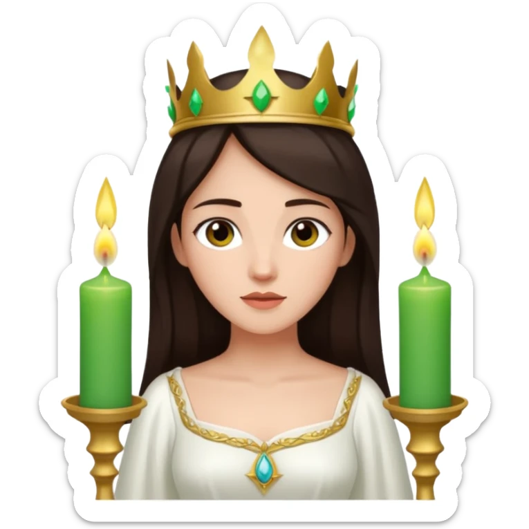  saint lucia with dark brown hair with a white gown and a green crown with candles on the crown sticker