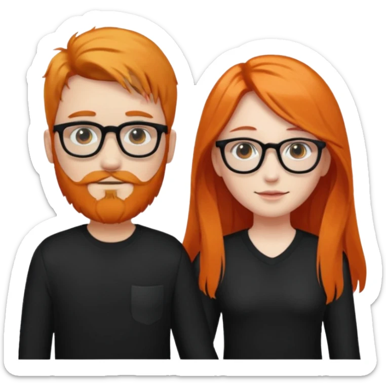 girl with long orange hair wearing no glasses and all black clothes and holding hands with boy with black hair and beard and glasses and pale skin sticker