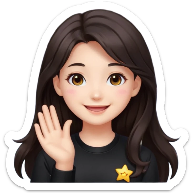 kawaii streamer girl, brunette, dark brown eyes, long dark hair, black outfit, smiling, sparkling eyes, blushing cheeks, happy expression, small stars around, emoji icon sticker