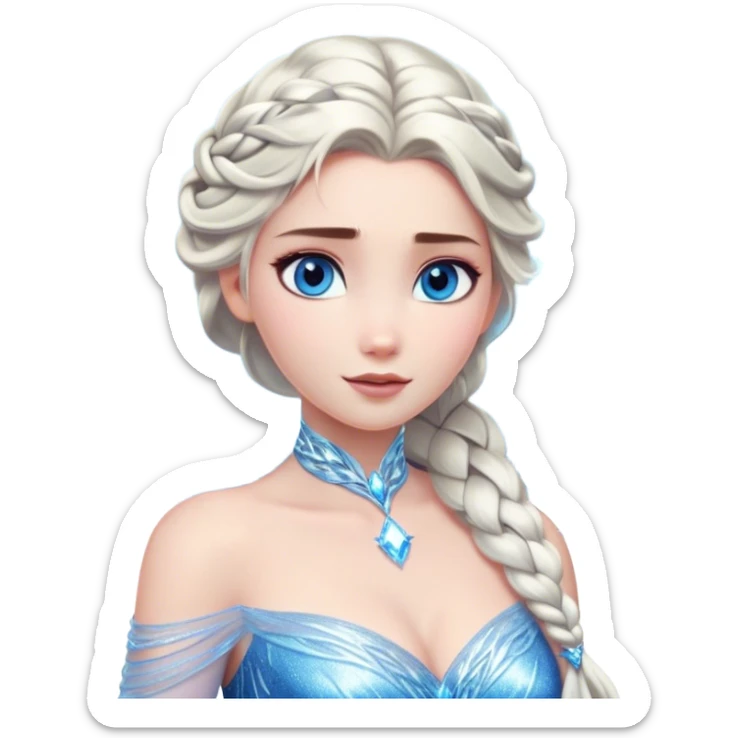 Cinematic Stunning Elsa Portrait Emoji, Ice-blue gown shimmering, platinum hair flowing in a graceful braid, piercing blue eyes glowing with icy magic, an aura of regal power and breathtaking beauty, frozen elegance at its finest! sticker