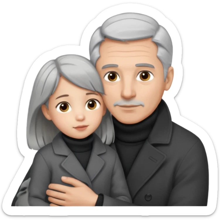 A father with silver-grey hair styled neatly and a clean-shaven face, wearing a dark turtleneck and wool coat, holding his girl child gently.  sticker