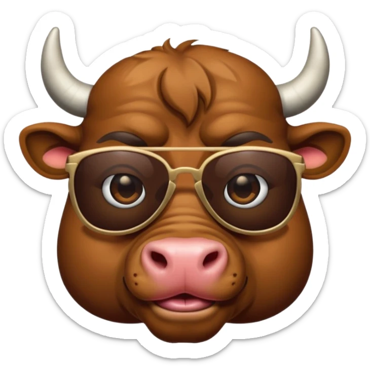 generate an emoji of a bull's face that's in a close up. the bull is travelling. maybe wearing sunglasses or drinking a drink or carrying a suitcase sticker