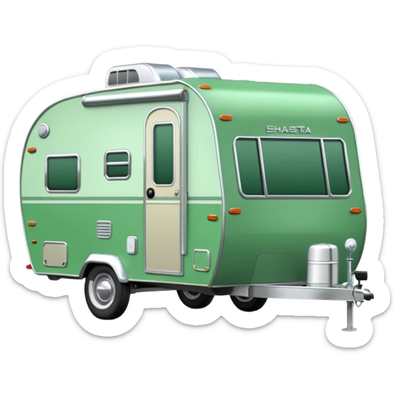 Shasta travel trailer, single wheel axle, colored all green, the same green shade as movie trailer green preview card, light grey tires and grey hitch sticker