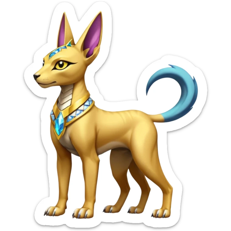 Modern futuristic shiny diamond colorful Anubis-Sphynx-Lombax-Zeraora-Renamon-fusion (full body) sticker