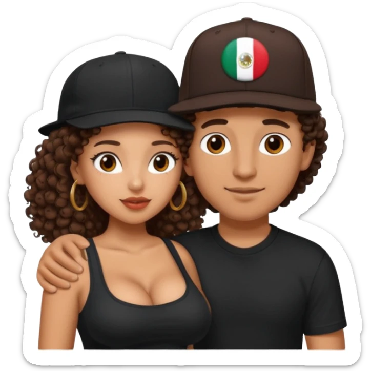 A picture of a tanned couple embracing. the guy is Mexican, with a bald hair cut and he has a SnapBack hat on. The girl is mixed, the girl is wearing a black shirt, the girl has brown curly big hair and the girl has big boobs  sticker