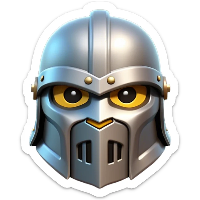 Clash of Clans aesthetic: Cinematic Playful 3D Isometric steel helm Emoji, rendered in a 3D vector-style similar to standard emojis with minimal shading and bold, simplified shapes. A compact, distinct form with signature details, softly glowing with a fantasy RPG magic charm. Simplified yet unmistakably iconic, highly detailed and consistent, glowing with a soft radiance and high shine. Stylized with a touch of heroic grandeur and a soft glowing outline, capturing the essence of a beloved gaming relic with a friendly, playful manner! sticker