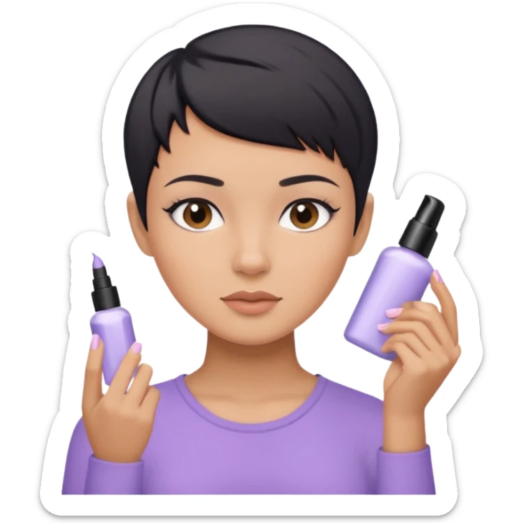 tan girl with pastel purple shirt with black hair & a pixie, doing her skin care sticker