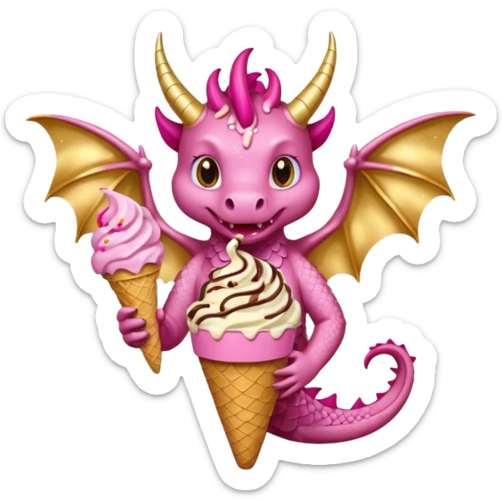 A dragon with its shiny glittered wings in pink tones and pink and gold legs, eats vanilla and chocolate ice cream sticker
