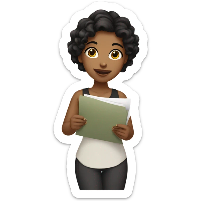 girl with black wavy hair and olive skin holding papers sticker