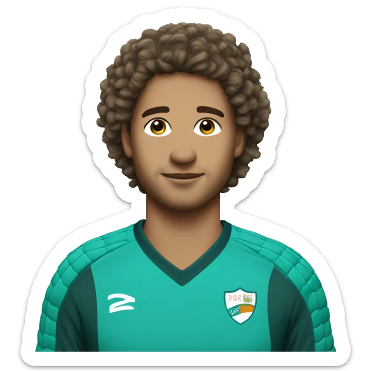 Goalkeeper with curly brown  hair wearing a teal colored jersey sticker