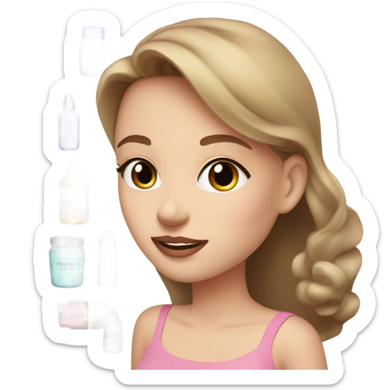 skin care cosmetics jars and tubes pink, light green and blue and a girl with light brown hair and white skin holds these jars sticker