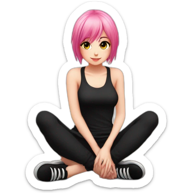 Full body Front view curvy emo girl pink hair sits on the floor straight view hands up black skirt белые трусики полосатые рваные чулки sticker