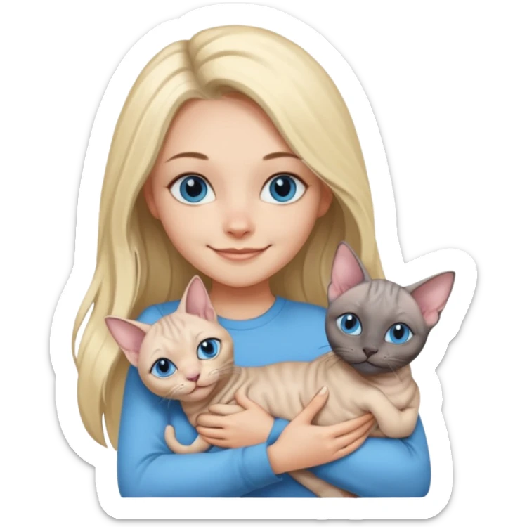girl with long split-dye hair half blonde half black and blue eyes smiling with two grey sphynx cats in her arms emoji style sticker