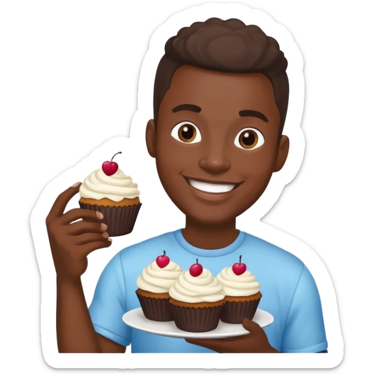 Cartoon of a very large smiling African American man holding cupcakes sticker