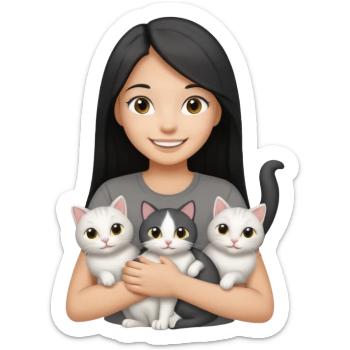 a pretty tan bratz girl with black long straight hair, wearing a grey tshirt smiling and holding 3 white cat\ sticker