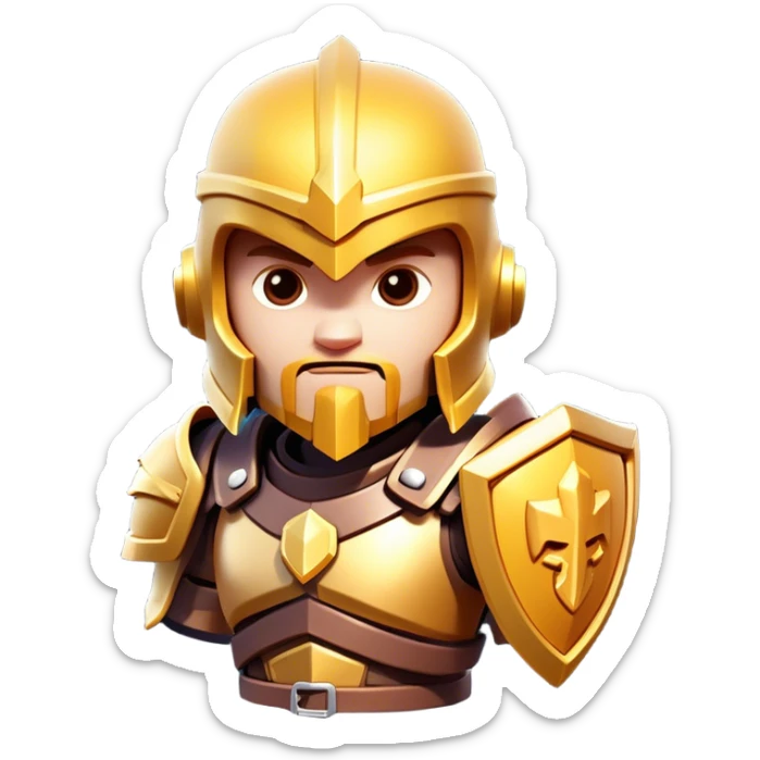 Clash of Clans aesthetic: Cinematic Playful 3D Isometric Armor Portrait Emoji, rendered in a 3D vector-style similar to standard emojis with minimal shading and bold, simplified shapes. A compact, distinct form with signature details, softly glowing with a fantasy RPG magic charm. Simplified yet unmistakably iconic, highly detailed and consistent, glowing with a soft radiance and high shine. Stylized with a touch of heroic grandeur and a soft glowing outline, capturing the essence of a beloved gaming relic with a friendly, playful manner! sticker