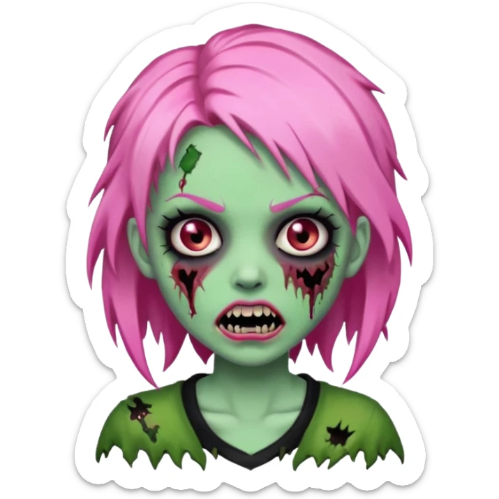 zombie girl with pink, black and green hair with fangs sticker