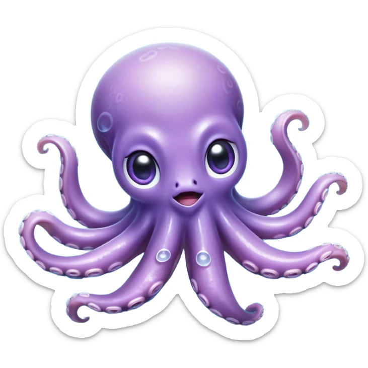 Meme-Worthy Floating Baby Octopus Portrait Emoji, Drifting gracefully in the water with soft, curled tentacles and a dreamy, weightless posture, showcasing a smooth, rounded light blue-purple body with mesmerizingly large, gentle eyes gazing into the abyss, Simplified yet poetically expressive features, highly detailed, glowing with a soft, celestial marine glow, high shine, quiet and mystical, stylized with an air of deep-sea serenity, soft glowing outline, capturing the essence of a tiny, peaceful cephalopod floating endlessly in the infinite beauty of the ocean depths! sticker