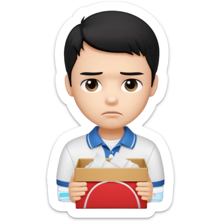 generate a pretty bratz boy with black hair, wearing a plain white polo shirt. Looking sad, holding a box of tissues sticker