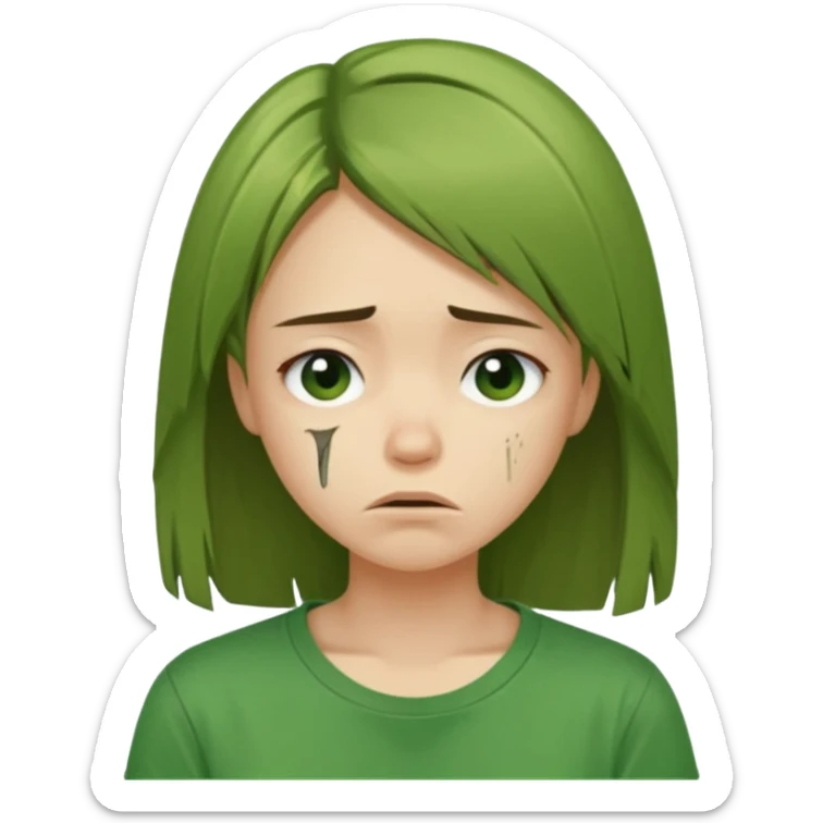 Chica joven con el pelo liso y dañado, descuidado, camiseta verde, con cara triste y desanimada sticker