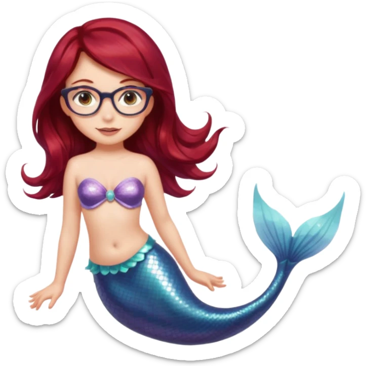 A sun kissed girl with dark red hair and grey eyes and glasses with a mermaid tail sticker