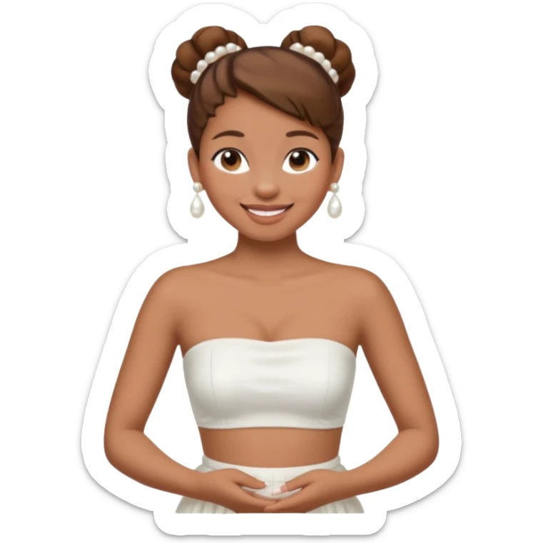 Full body, Light brown skin girl, brown hair in bun, smiling, white strapless tube top, pearl earrings sticker