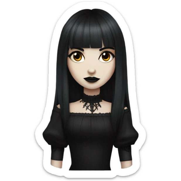 portrait one single goth women with pure white skin, dark hair, long hair, short bangs, dark makeup, gothic detailed dress bell arms  sticker