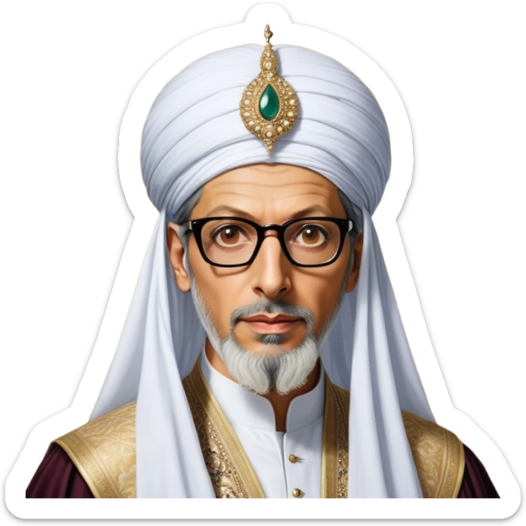 Jeff Goldblum no glasses as a regal portrait dressed as suleiman-the-magnificent,-depicted-as-a-regal-ottoman-sultan-adorned-with-a-large,-white,-round,-tall-turban-and-a-majestic-grey-beard,-his-commanding-gaze-bathed-in-warm,-historic-lighting-that-exudes-time with a large beard **no glasses* sticker