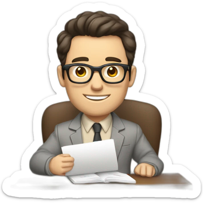 Pale skinned Fit Man With dark brown hair in gray jacket, beige office shirt and vintage glasses sitting In a soft chair with a notebook with emblem Ψ and a pen in his hands sticker