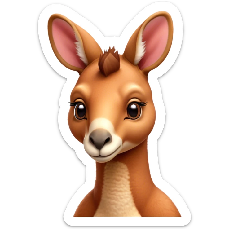 Cinematic Cute Adult Red Kangaroo Portrait Emoji, Head tilted playfully and inquisitively, showcasing a charming, robust build with soft reddish fur and a uniquely camel-like head featuring a gentle, elongated snout and rounded ears, with large, sparkling eyes full of wonder, Simplified yet irresistibly adorable features, highly detailed, glowing with a warm, friendly glow, high shine, affectionate and lively, stylized with a touch of outback whimsy, soft glowing outline, capturing the essence of a mischievous yet loving kangaroo that seems as if it could hop out of the screen into your arms! sticker