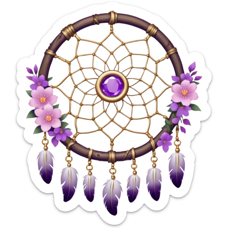 A white Dreamcatcher with purple-round-orb-stones, gold-ring-accents, purple tint flowers, pink sakura flowers, sticker