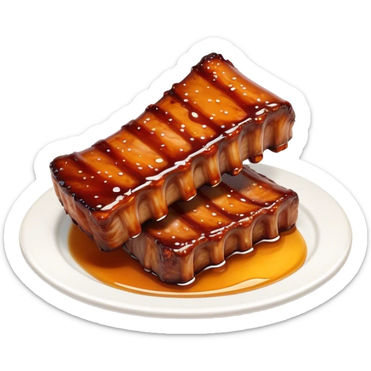Honey Glazed BBQ Ribs Cinematic Realistic Honey Glazed BBQ Ribs Dish Emoji, depicted as a small portion of tender, honey-glazed ribs with a sticky, smoky finish, rendered with rich textures and warm, dynamic lighting. sticker