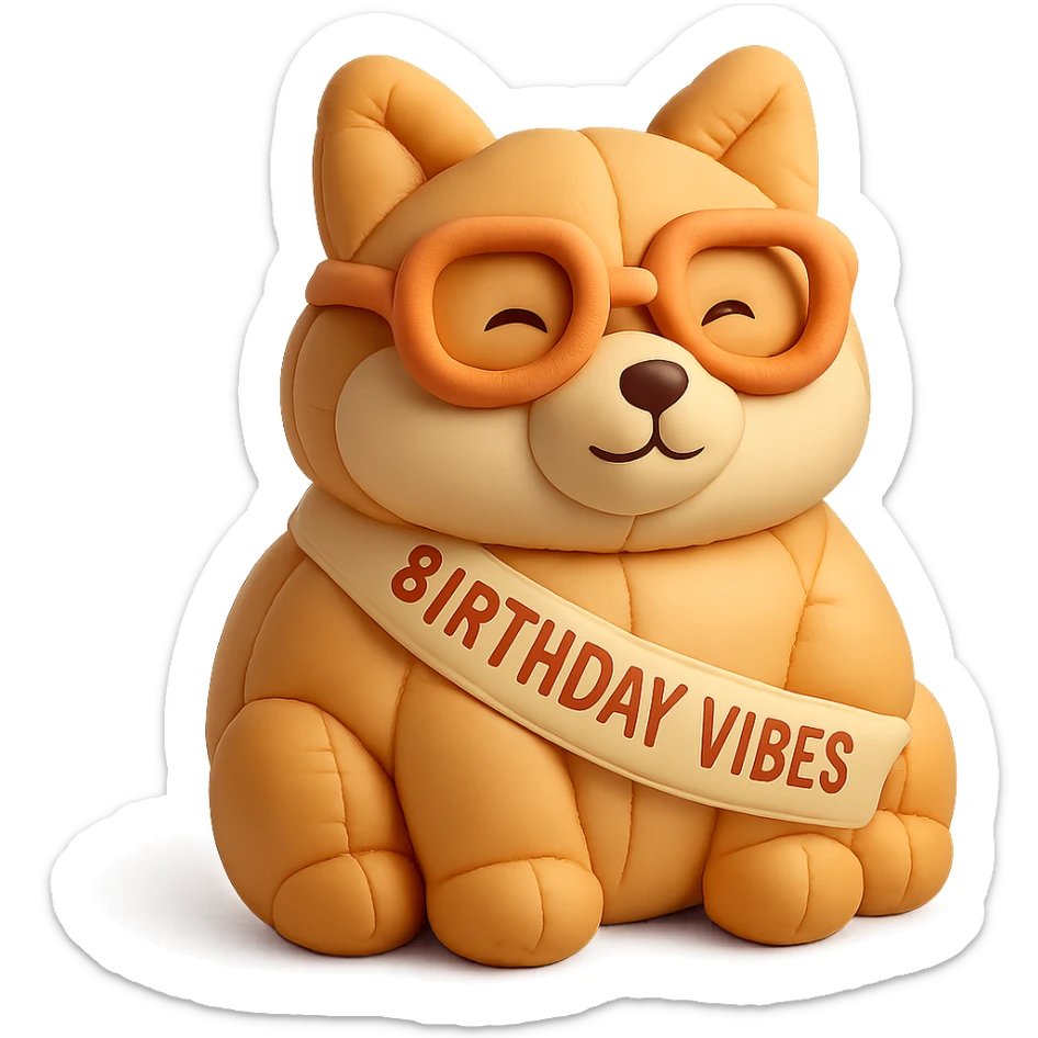 Shiba Inu wearing a "Birthday Vibes" sash and glasses, cushion style, transparent background sticker