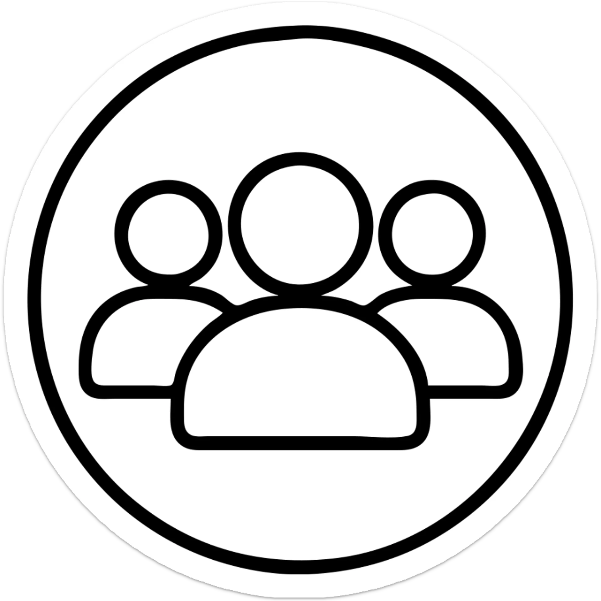 Minimalist icon for Served 10,000+ Travelers in black outlined style with the same color code and format as the reference images. Place a group of people or a crowd symbol inside the circle. sticker