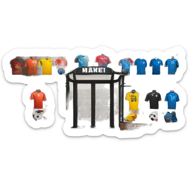 “Soccer store exterior with bold signage, large windows showcasing football gear, jerseys, and accessories, and a dynamic, athletic design reflecting the energy of the sport.” sticker