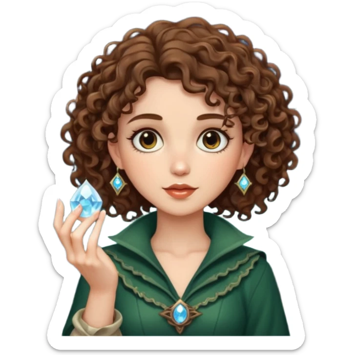 forest rogue woman short tight curly brown hair holding moon crystal sticker