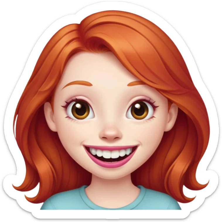 Young girl with pale skin, full pink lips smiling with big teeth, ginger red hair (very long), bigger nose, extra large brown eyes (very big eyes), big mouth sticker