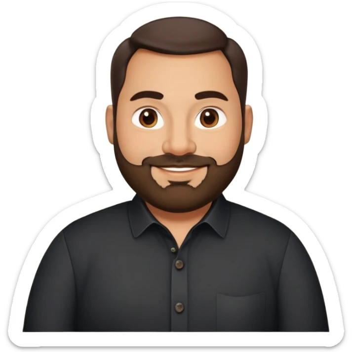 Very stocky businessman in his 40s with light brown skin, pear-shaped face, full cheeks, warm friendly smile, kind welcoming eyes, thick eyebrows, wide nose, short full beard, short dark hair, wearing a black button-up shirt sticker