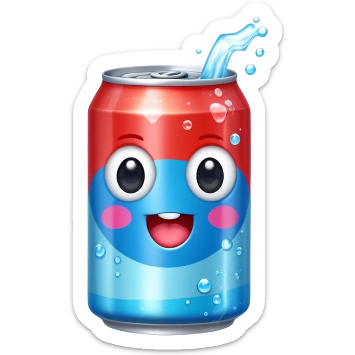 Cute Kawaii Soda Can, bubbly and vibrant, bright red and blue stripes, playful fizz popping around, a chubby happy face with wide sparkling eyes, energetic and refreshing! sticker