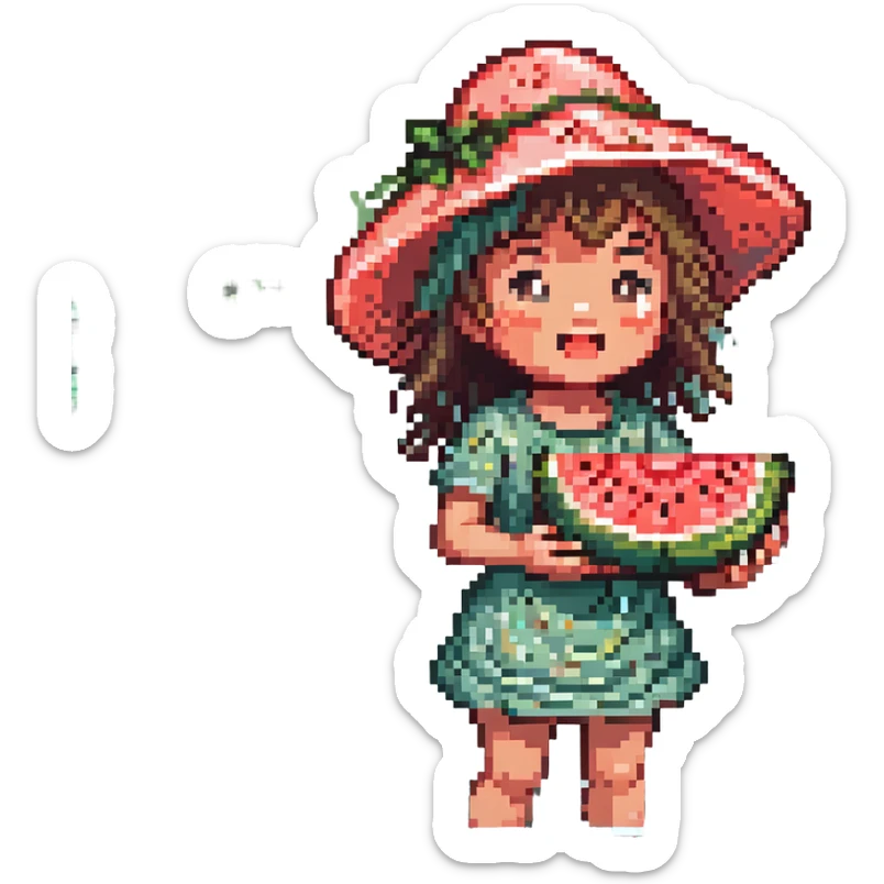 cheerful child in a big sun hat biting into a slice of watermelon by a sparkling river water splashing summer vibes pixel art style sticker