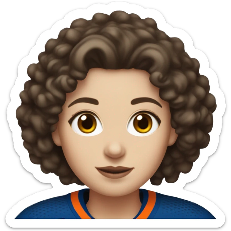 white woman with dark brown curly hair wearing an Edmonton oilers jersey sticker