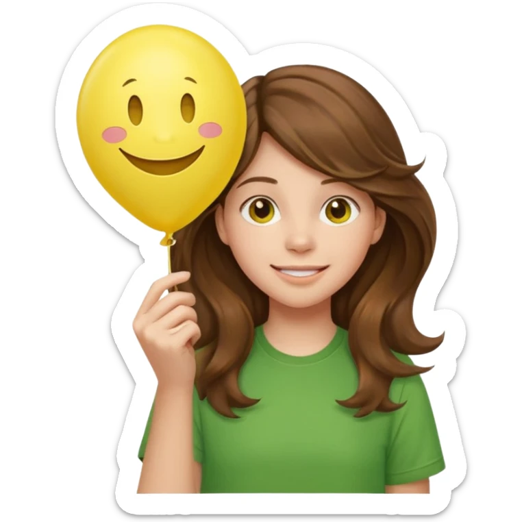 Teen girl wavy brown hair, green shirt, with smiley-face balloon sticker