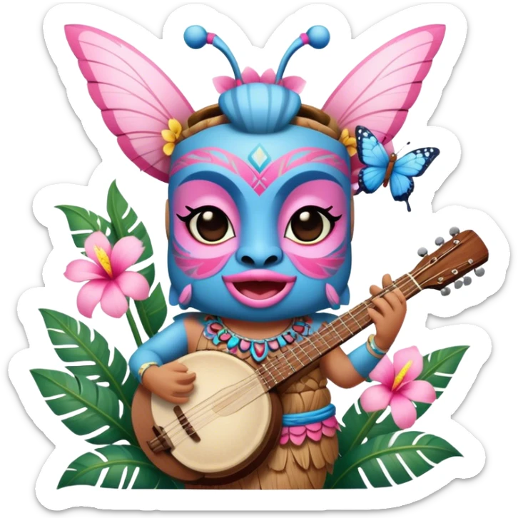 Pixar style little Blue and pink tiki singing with a butterfly, banjo, and tropical flowers, ultra detailed and lifelike imagery, realistic sticker
