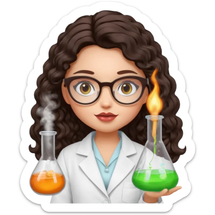realistic bratz doll with long loose curly dark brown hair, glasses that are round cat eye vibes, in a lab coat mixing beakers that glow sticker